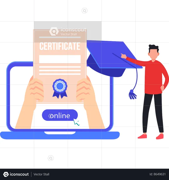 Boy is pointing at the online certificate  Illustration