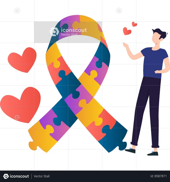 Boy is pointing at the ribbon of the jigsaw puzzle  Illustration