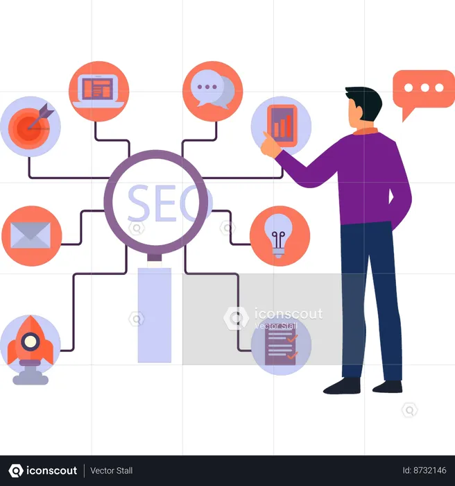 Boy is pointing at the seo marketing  Illustration