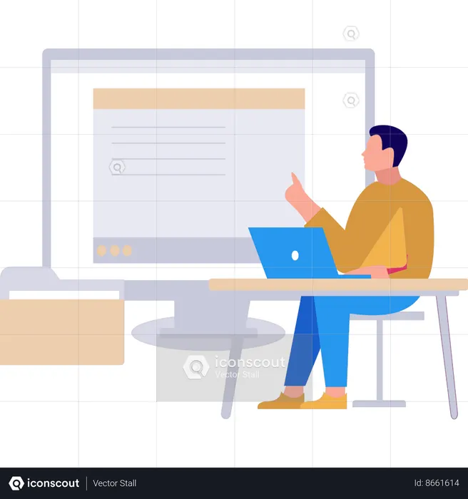Boy is pointing at the webpage doc file on screen  Illustration