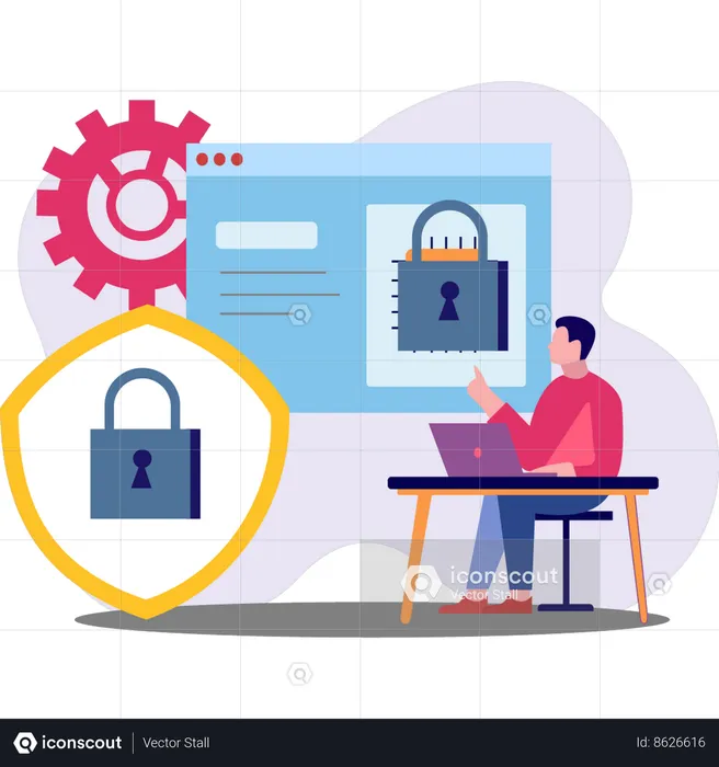 Boy is pointing at the webpage security  Illustration