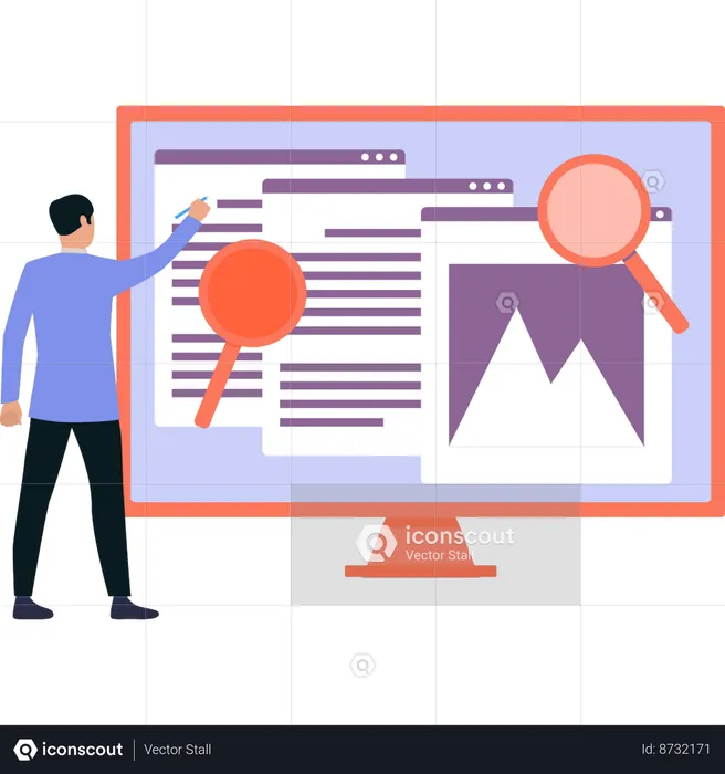Boy is pointing at web page on monitor  Illustration