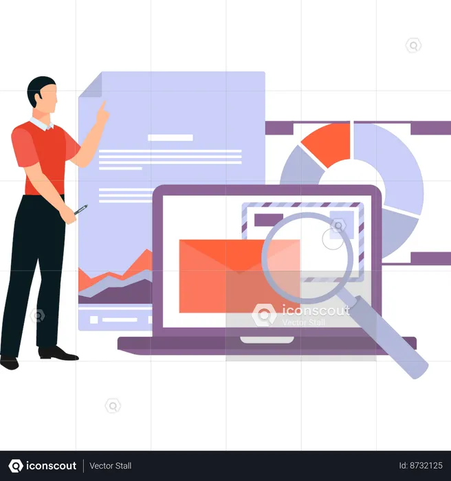 Boy is pointing to a document on a laptop  Illustration