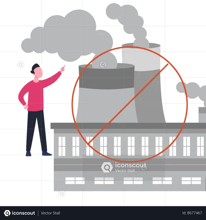 Boy is pointing to ban on industrial pollution  Illustration