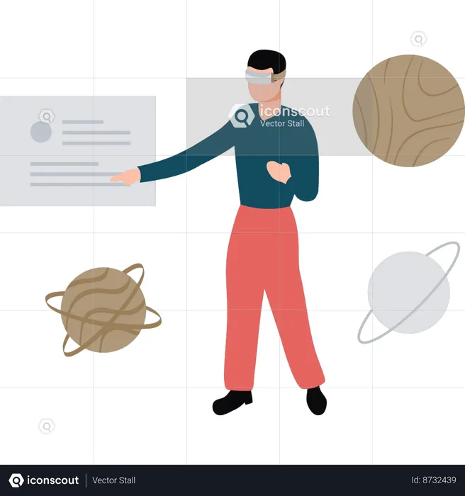 Boy is pointing to document wearing VR glasses  Illustration