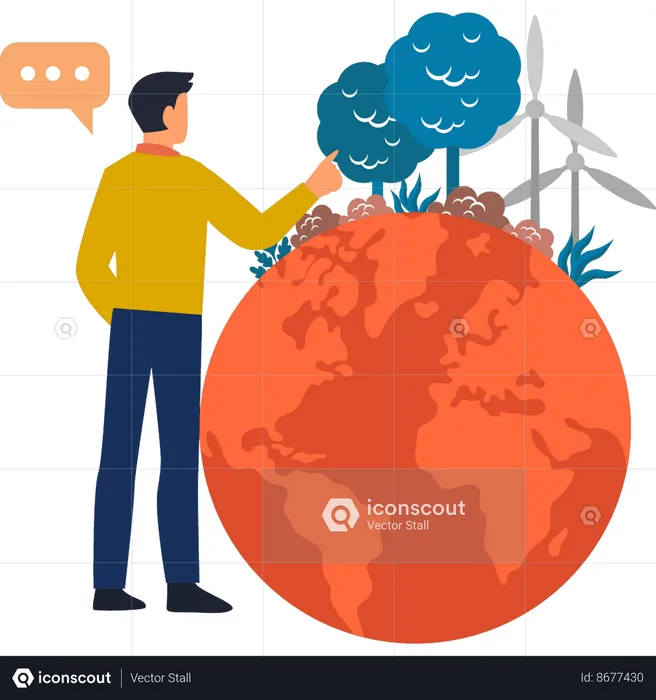 Boy is pointing to global climate change  Illustration