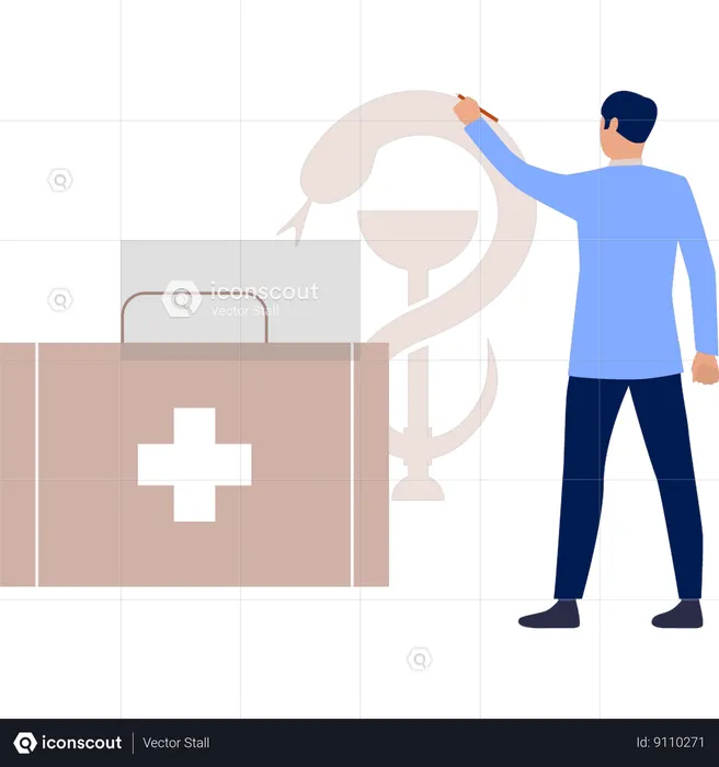 Boy is pointing to medical bag  Illustration