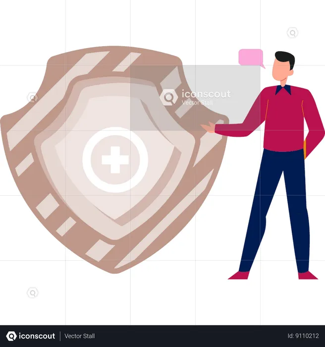 Boy is pointing to medical security  Illustration