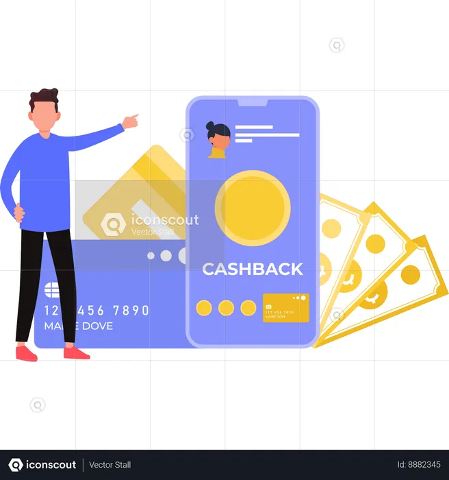 Boy is pointing to online cashback transaction  Illustration