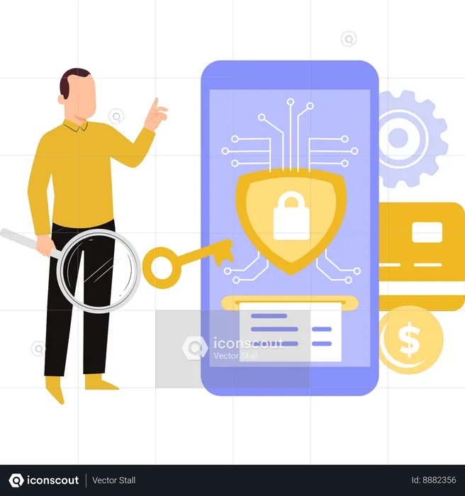 Boy is pointing to online security for credit card  Illustration