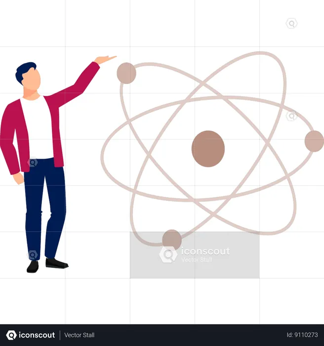 Boy is pointing to the atomic molecule  Illustration