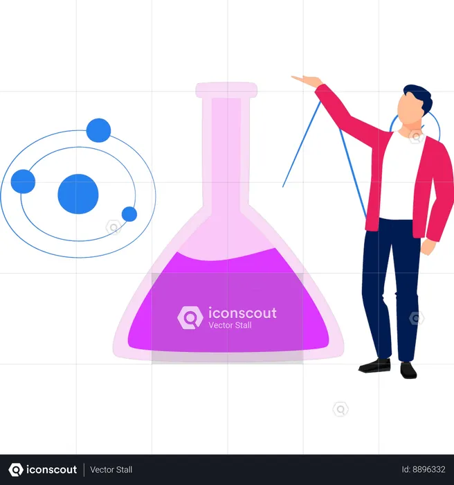 Boy is pointing to the chemical in the beaker  Illustration