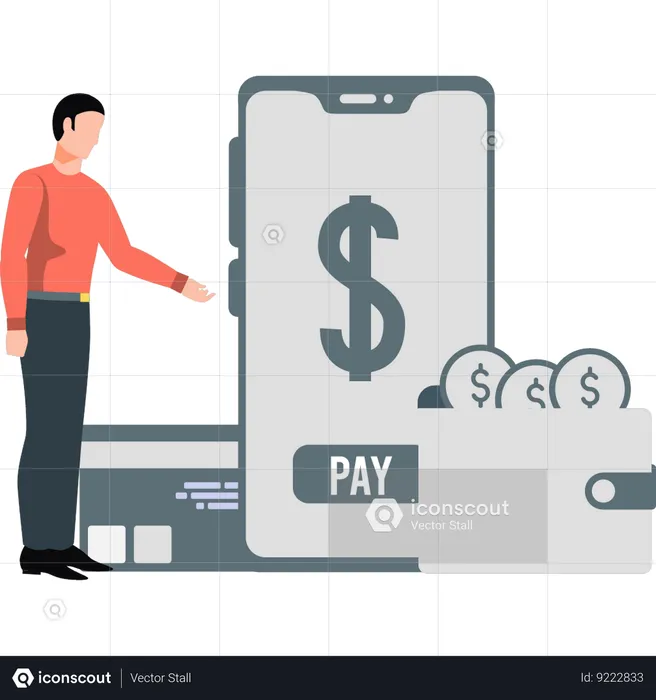 Boy is pointing to the digital wallet on mobile  Illustration