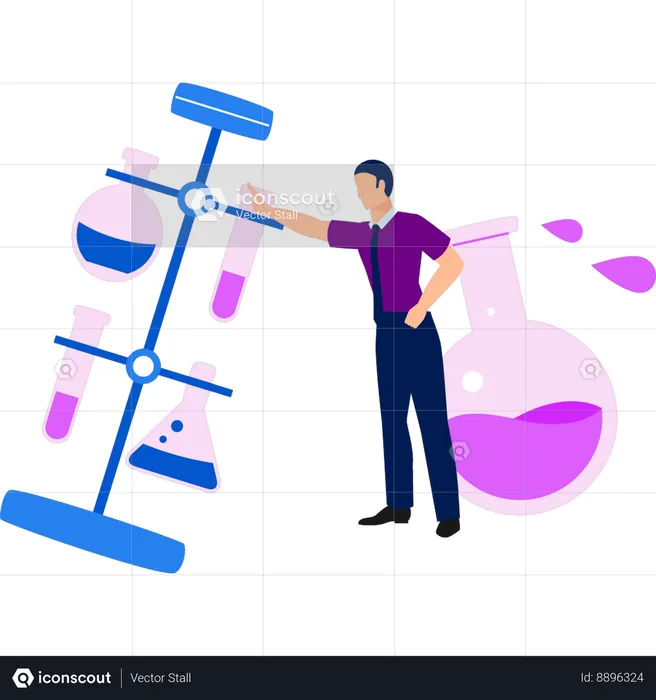 Boy is pointing to the experiment stand  Illustration