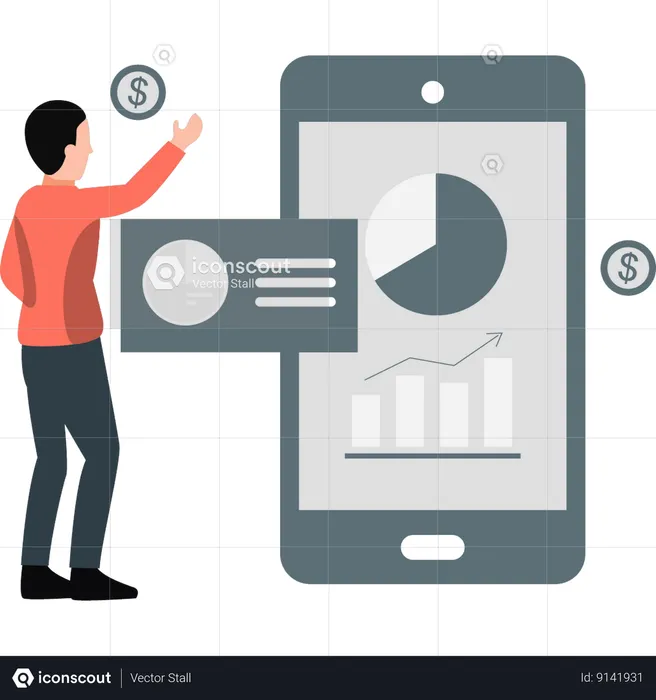 Boy is pointing to the graph on mobile  Illustration