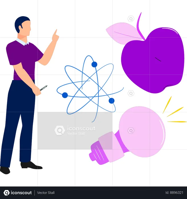 Boy is pointing to the molecule of the atom  Illustration