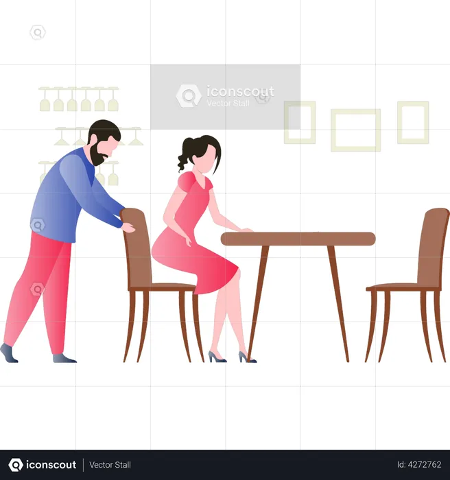 Boy is pulling back the chair for the girl on date  Illustration