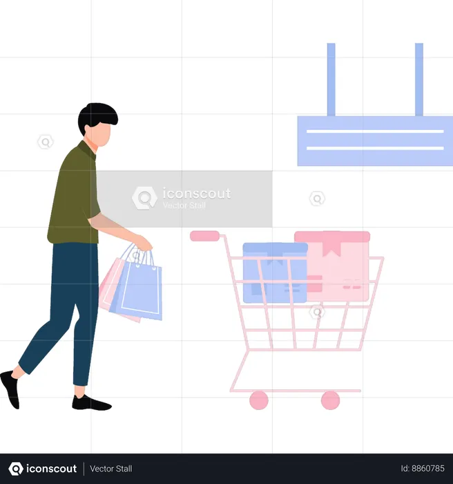 Boy is putting shopping bags in a trolley  Illustration