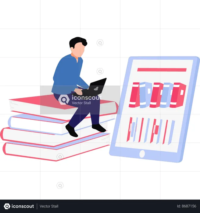 Boy is reding books online on a laptop  Illustration