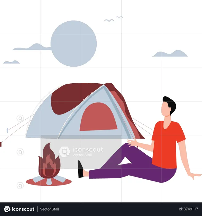 Boy is relaxing near bonfire  Illustration