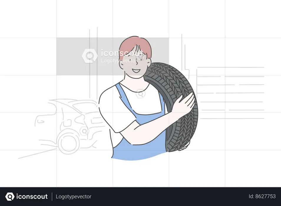 Boy is repairing his car tyre  Illustration