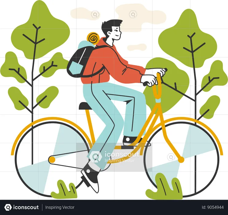 Boy is riding bicycle in forest  Illustration