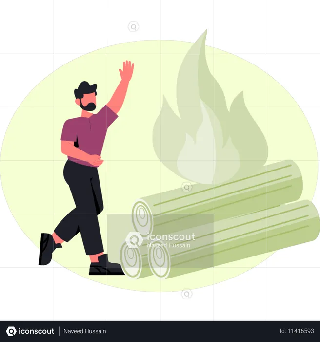 Boy is running near wooden fire  Illustration