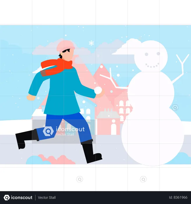 Boy is running towards the snowman  Illustration