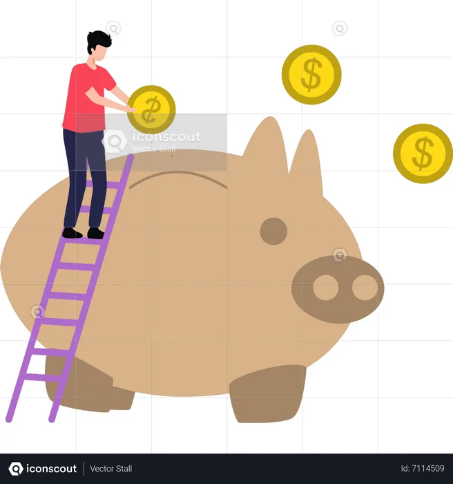 Boy is saving money in a piggy bank  Illustration