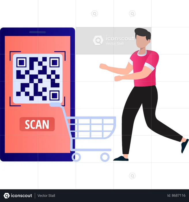 Boy is scanning QR code for shopping  Illustration