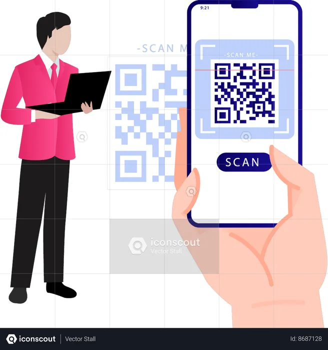 Boy is scanning QR code on mobile  Illustration