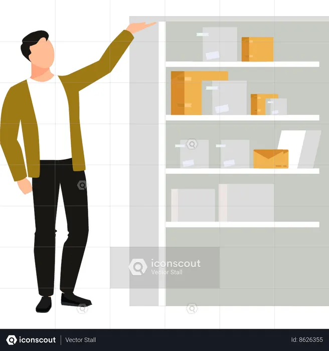 Boy is showing a stack of package boxes in rack  Illustration