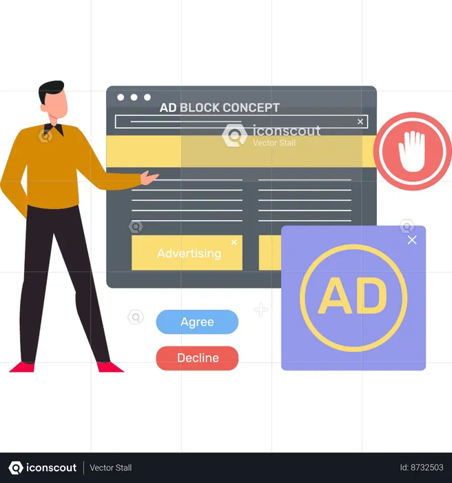 Boy is showing ad block concept browser.  Illustration