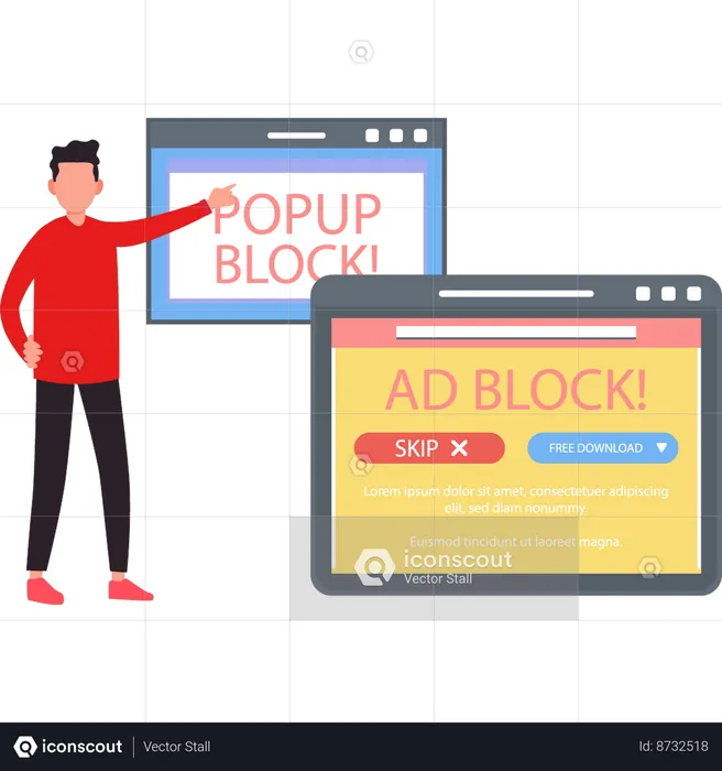 Boy is showing ad block popup.  Illustration