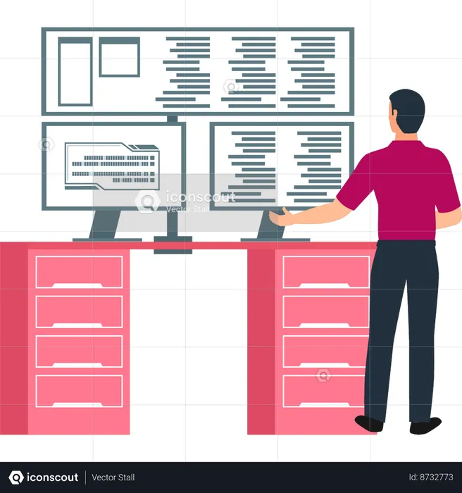 Boy is showing different coding on screens  Illustration