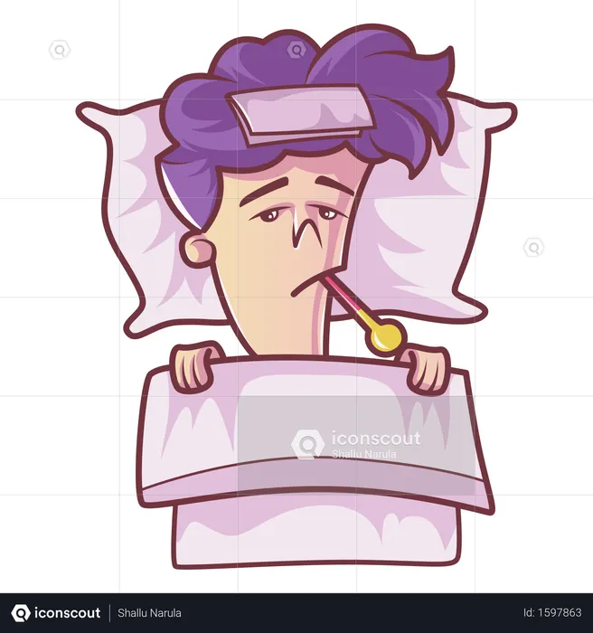 Boy is sick and sleeping on bed  Illustration