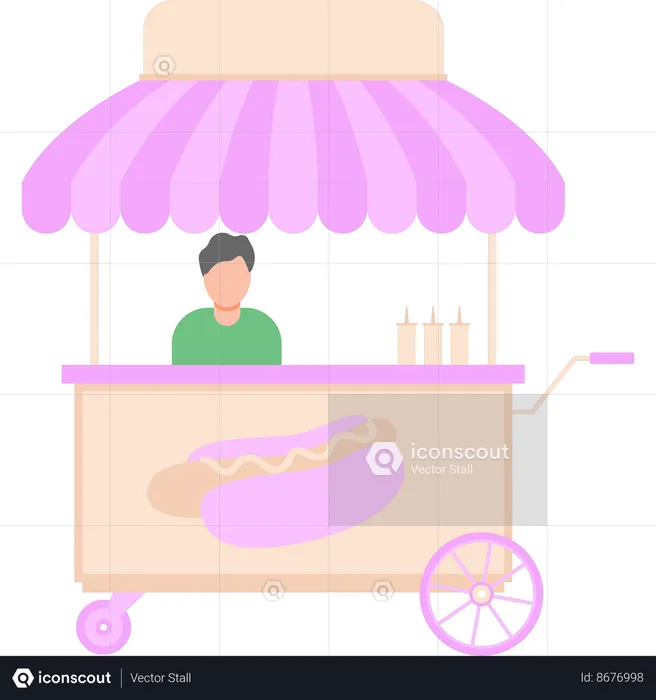 Boy is sitting at a hot dog stall  Illustration