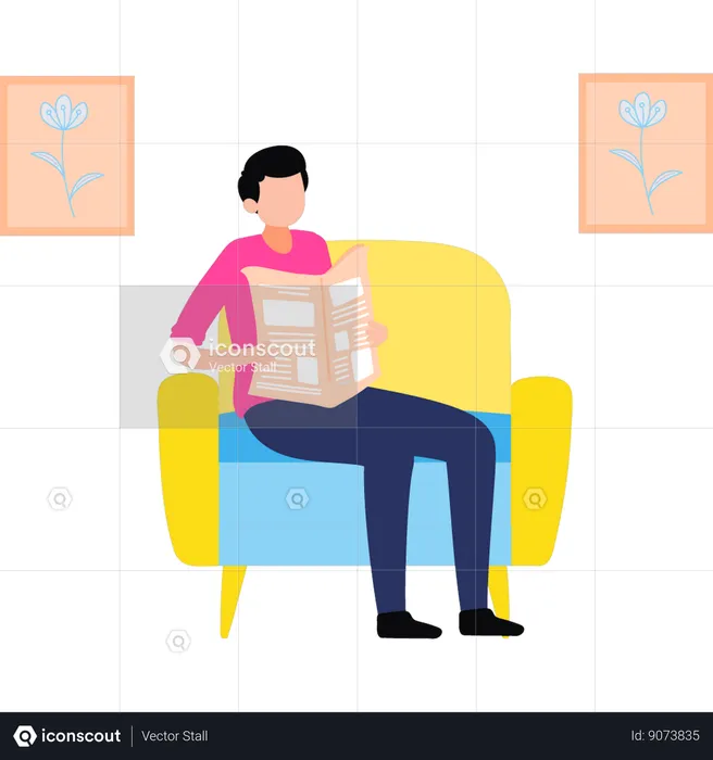 Boy is sitting on a chair and is reading a newspaper  Illustration
