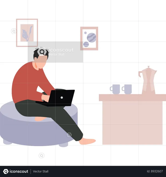 Boy is sitting on a sofa working on a laptop  Illustration