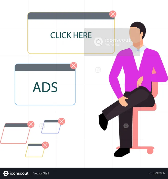 Boy is sitting on chair looking at pop up ads.  Illustration