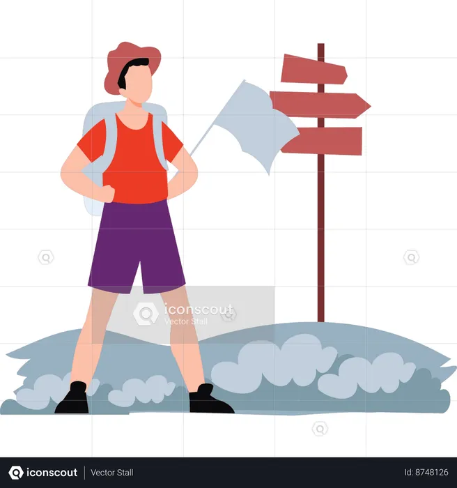 Boy is standing by the direction board  Illustration