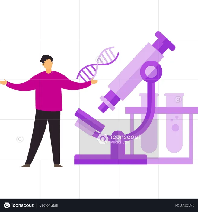 Boy is standing by the microscope  Illustration