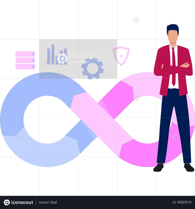 Boy is standing in front of software development sign  Illustration