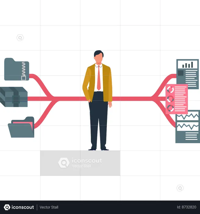 Boy is standing in the middle of a database connection  Illustration