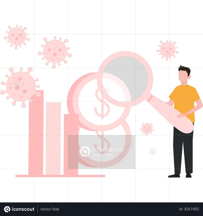 Boy is standing near economy graph with a search glass  Illustration