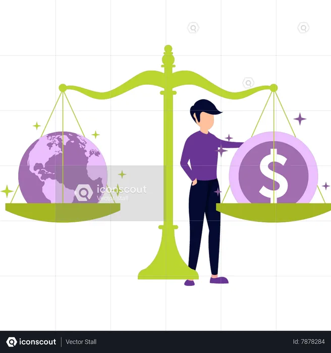 Boy is standing near the balance scale  Illustration