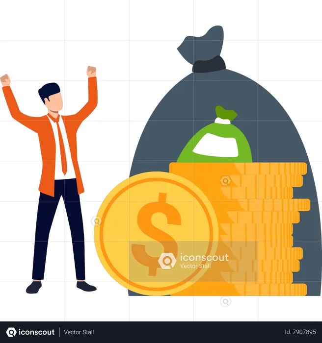 Boy is standing next to a bag of money  Illustration
