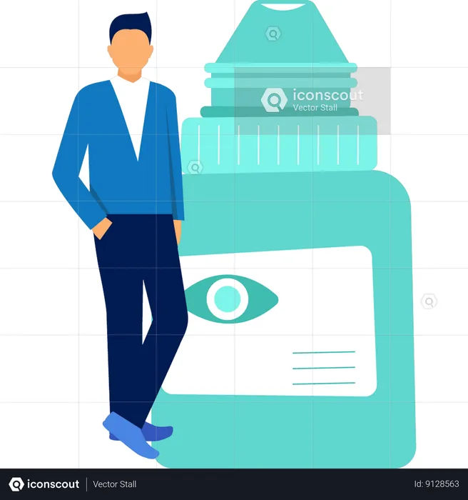 Boy is standing next to eye drop bottle  Illustration