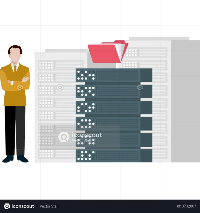 Boy is standing next to the database server  Illustration