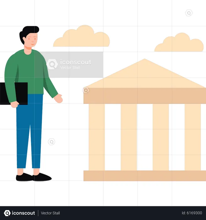 Boy is standing outside the building  Illustration